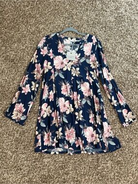 (2 for the price of 1!)Navy Floral Long Sleeve Swing Dress -Pink & Cream Flowers